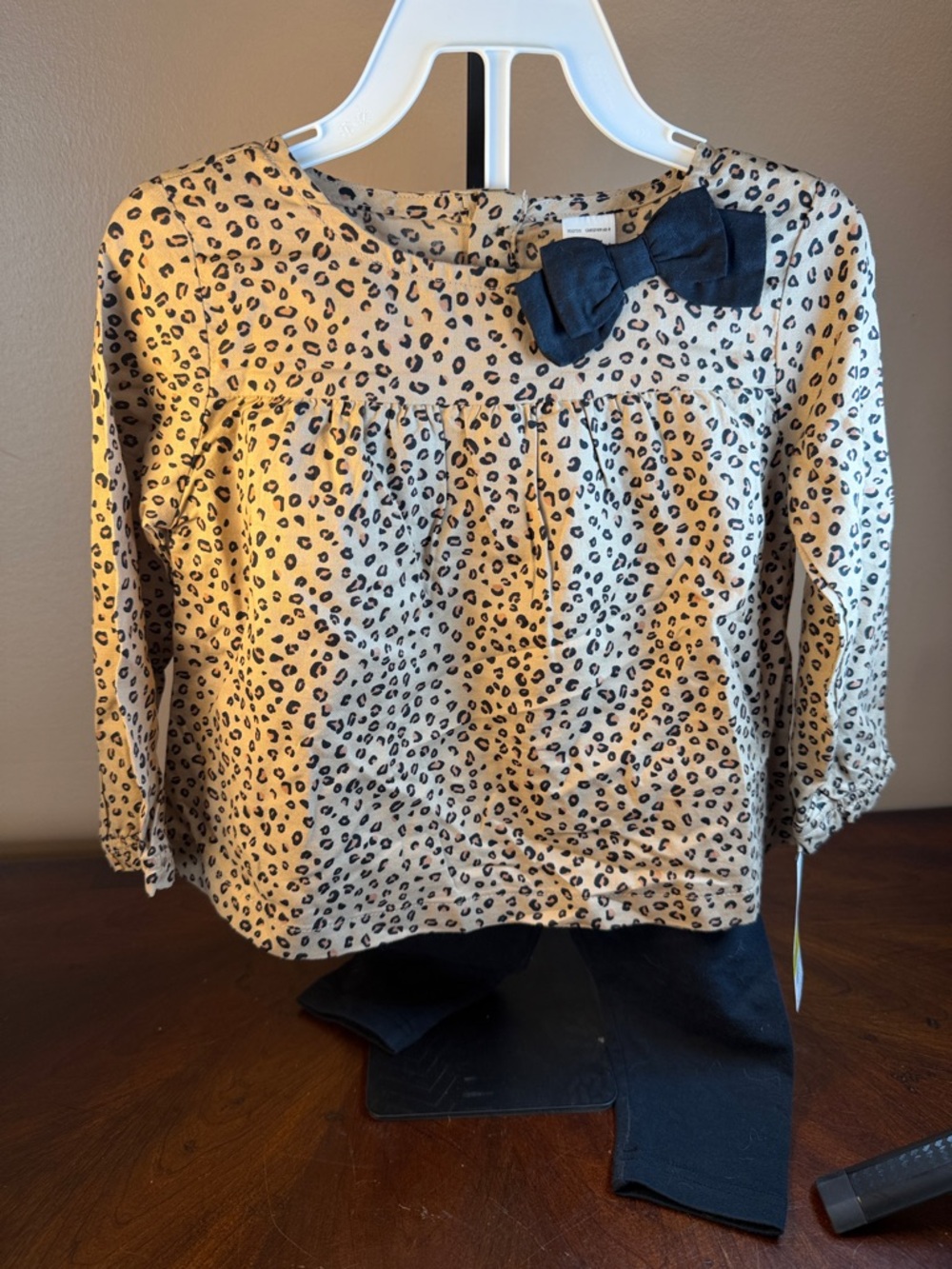 Carter's Tan Leopard Print Long Sleeve Top with‎ Navy Bow Accent